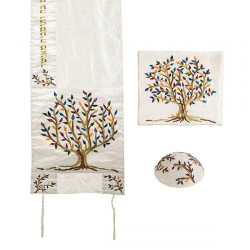 Polysilk Tallit Set with Embroidered Multicolored Tree of Life - Yair Emanuel
