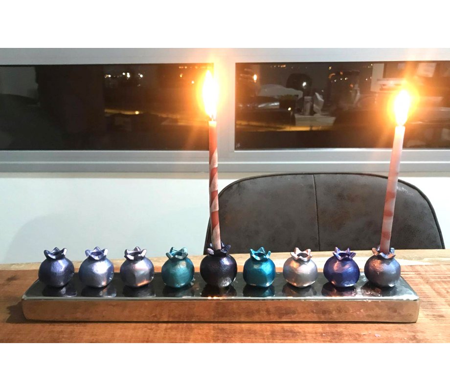 Pomegranate Anodized Aluminum Chanukah Menorah, Blue - Yair Emanuel