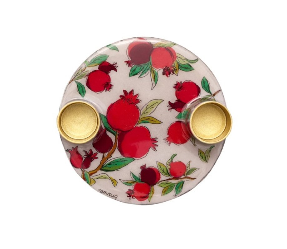 Pomegranate Design Small Metal Candle Holders on Attached Tray - Yair Emanuel
