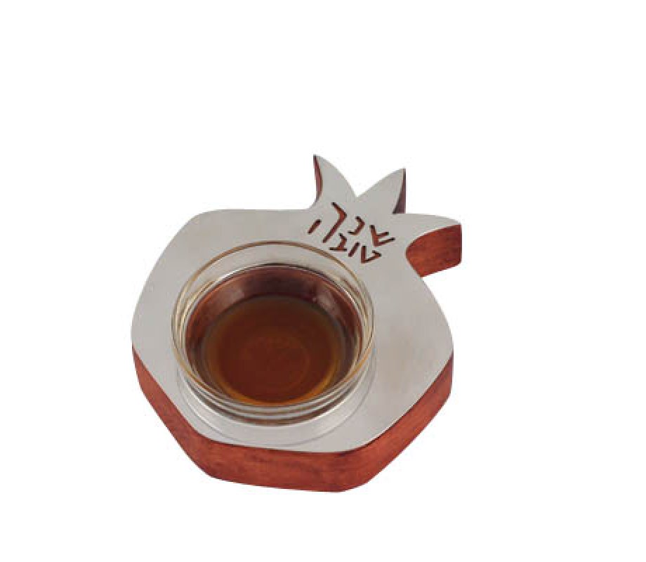 Pomegranate Honey Dish of Red Wood and Aluminum with Glass Bowl - Shraga Landesman