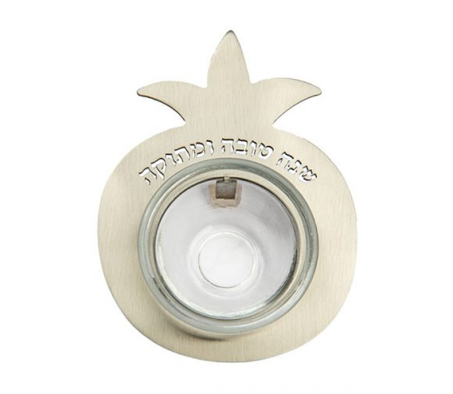 Pomegranate Honey Dish with Small Glass Bowl, Shana Tova, Silver - Yair Emanuel