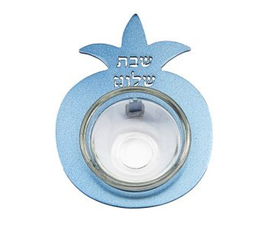 Pomegranate Salt Holder with Glass Dish and Shabbat Shalom, Blue - Yair Emanuel