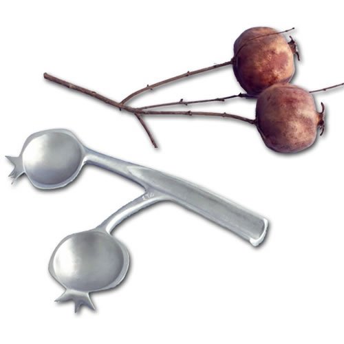 Pomegranate Shaped Double Spoons for Honey, Silver Nickel - Shraga Landesman