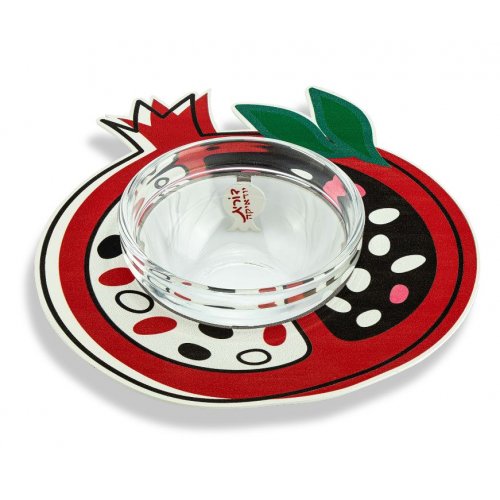 Pomegranate Shaped Honey Dish with Glass Bowl, Lively Colors - Dorit Judaica