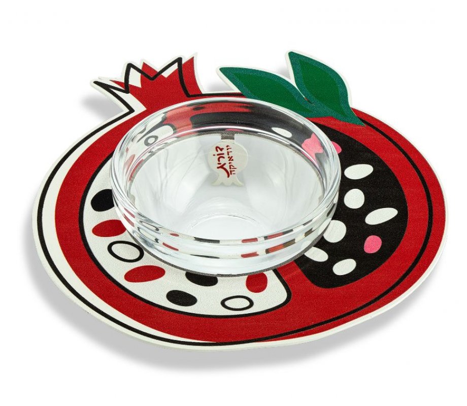 Pomegranate Shaped Honey Dish with Glass Bowl, Lively Colors - Dorit Judaica