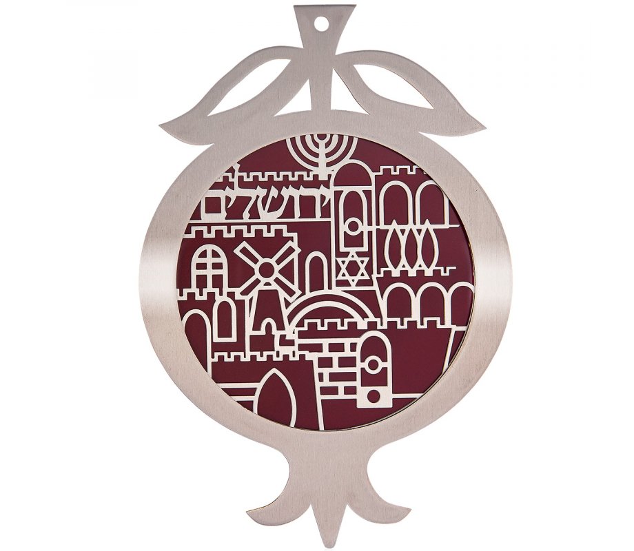 Pomegranate Wall Plaque with Cutout Jerusalem Design, Bordeaux – Dorit Judaica