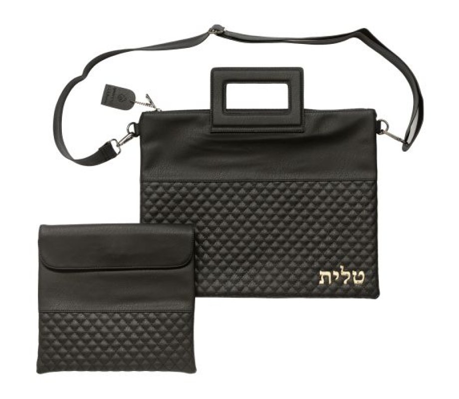 Prayer Shawl and Tefillin Bag with Shoulder Strap and Handle, Faux Leather – Black