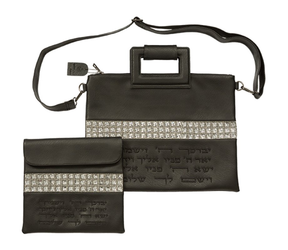 Priestly Blessing on Black Faux Leather Tallit & Tefillin Bag Set – Shoulder Strap