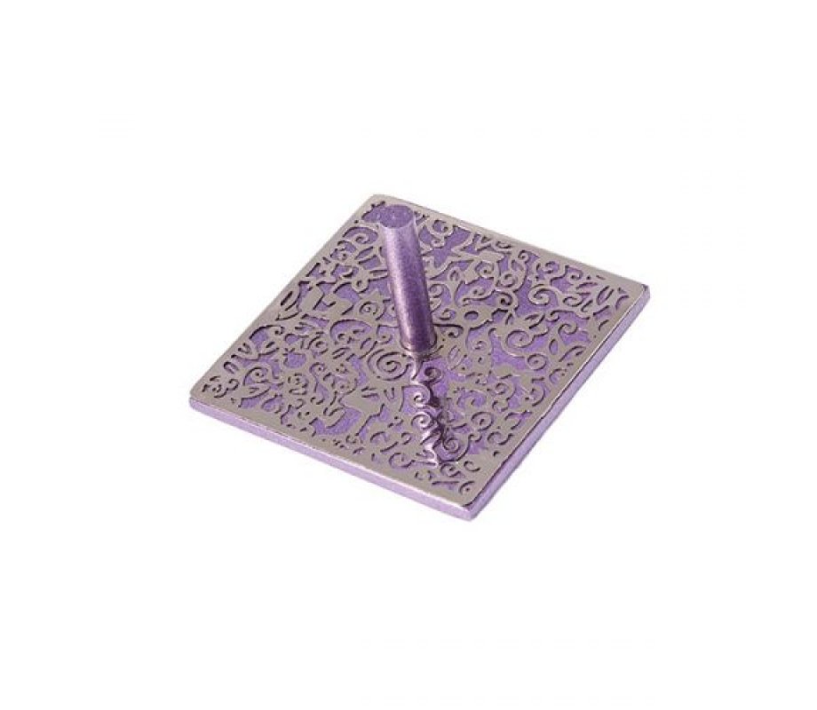 Purple Dreidel with Silver Floral and Pomegranate Cut Out Design - Yair Emanuel