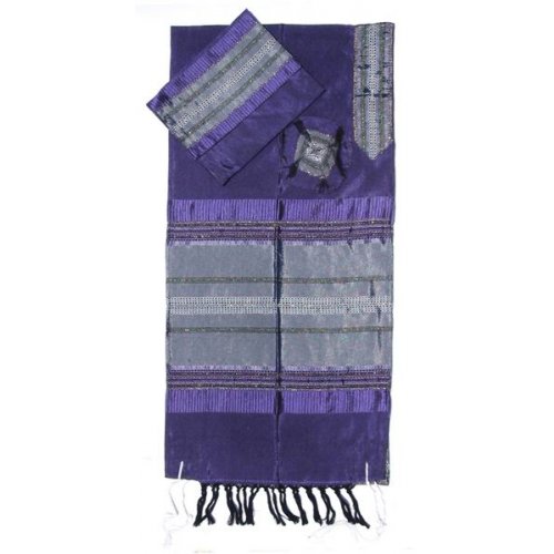 Purple Handwoven Silk Tallit Prayer Shawl Set with Silver Stripes - Gabrieli