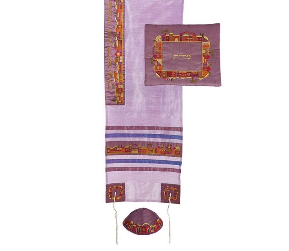 Purple Polysilk Tallit Set Colorful Embroidered Jerusalem Design - Yair Emanuel