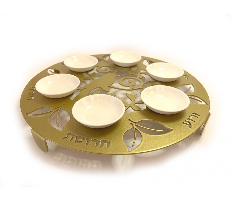 Raised Handmade Seder Plate with Cutout Bird and Leaves in Gold - Iris Design