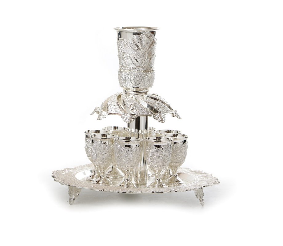 Raised Kiddush Fountain, 8 Stem Cups - Silver Plated with Decorative Filigree