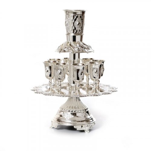 Raised Kiddush Fountain, 8 Stem Cups - Silver Plated with Decorative Oval Motif
