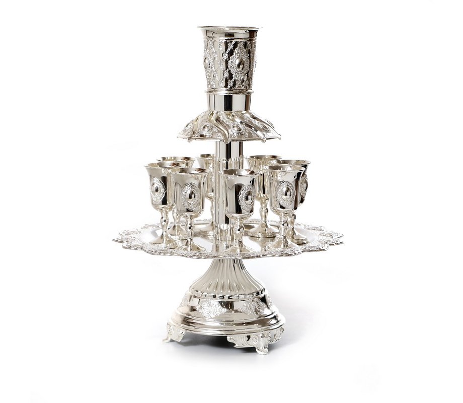 Raised Kiddush Fountain, 8 Stem Cups - Silver Plated with Decorative Oval Motif