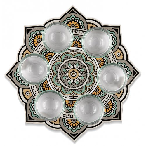 Raised Seder Plate with Bowls, Mustard Gray and Black Mandala - Dorit Judaica