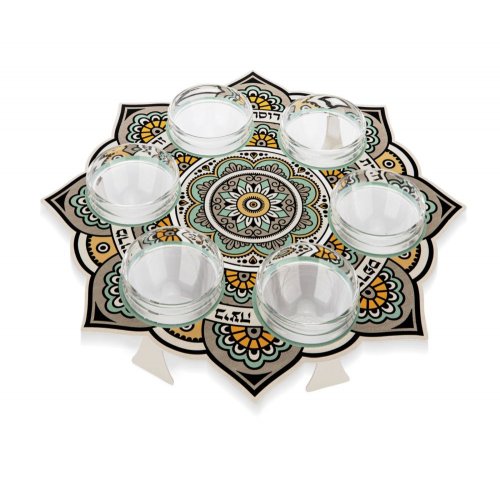 Raised Seder Plate with Bowls, Mustard Gray and Black Mandala - Dorit Judaica