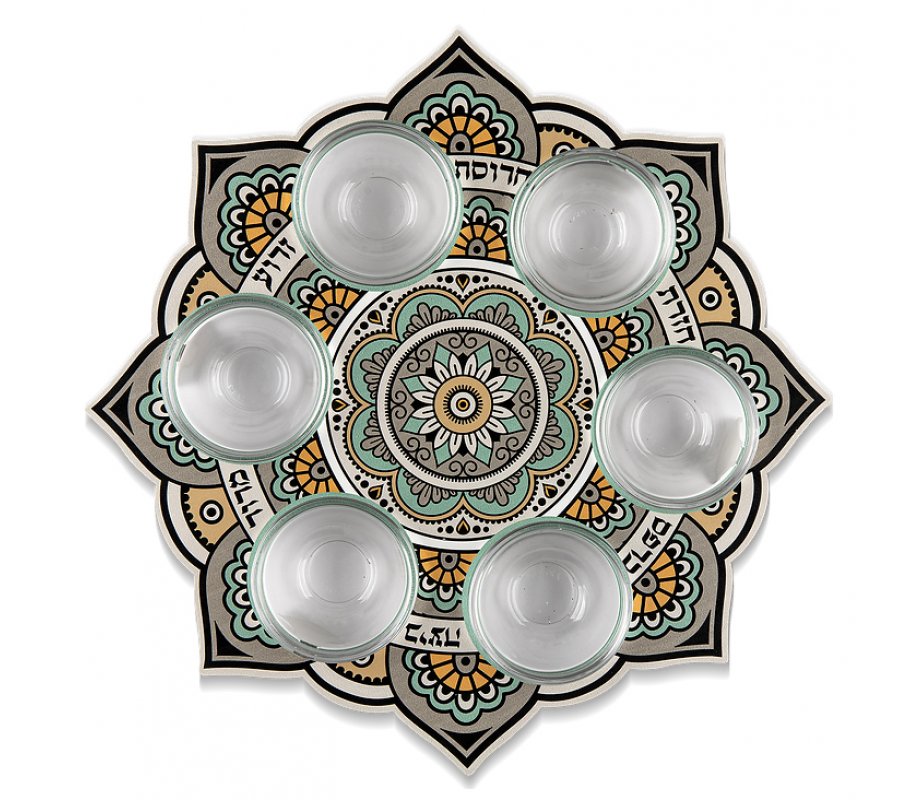 Raised Seder Plate with Bowls, Mustard Gray and Black Mandala - Dorit Judaica