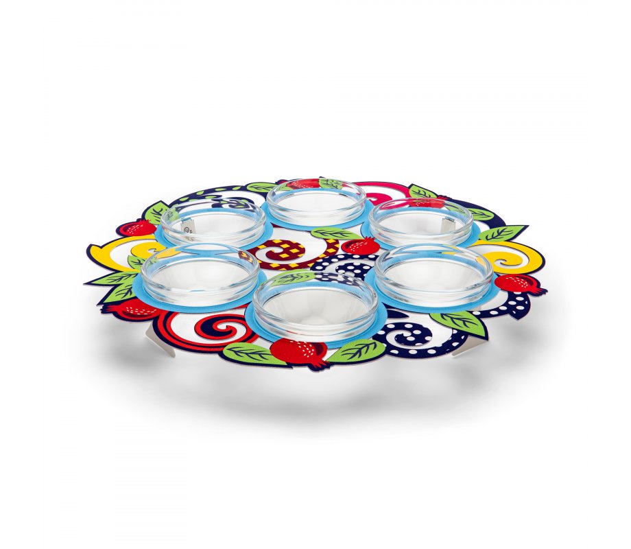 Raised Seder Plate with Colorful Leaves and Pomegranates - Dorit Judaica
