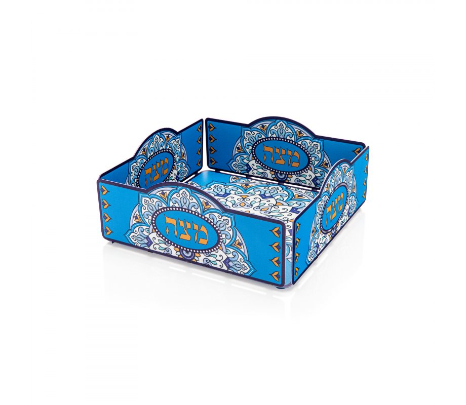 Raised Square Matzah Tray with Mandala Design, Blue and Orange - Dorit Judaica