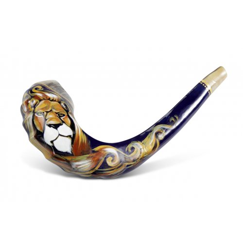 Rams Horn Shofar, Hand Painted in Israel - Lion of Judah with Gold Tints