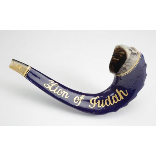 Rams Horn Shofar, Hand Painted in Israel - Lion of Judah with Gold Tints