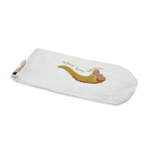 Ram's Horn Shofar Pouch, White Velvet - Hebrew Text and Gold Shofar Design