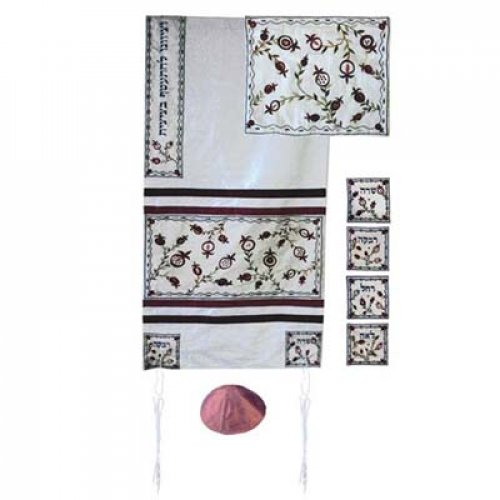 Raw Silk Tallit Set, Embroidered Appliques, Matriarchs & Pomegranates - Yair Emanuel