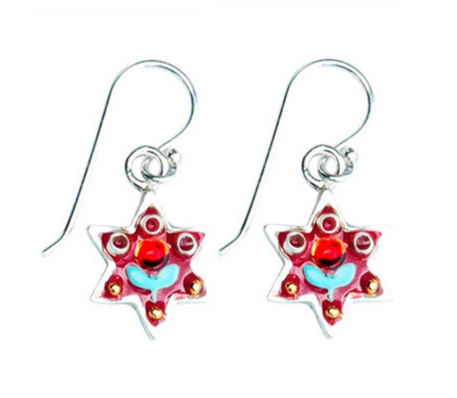 Red Flower Star of David Earrings - Ester Shahaf