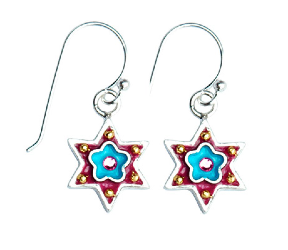 Red Star of David Earrings with Blue Heart - Ester Shahaf