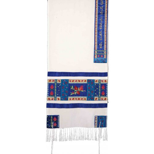 Red and Blue Embroidered Silk Prayer Shawl Set with Pomegranates - Yair Emanuel