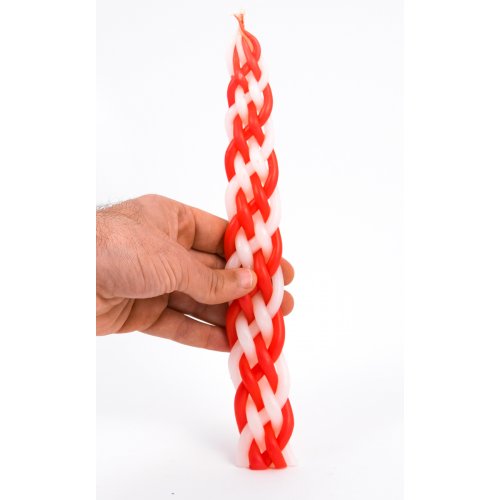 Red and White Handmade Braided Beeswax Havdalah Candle
