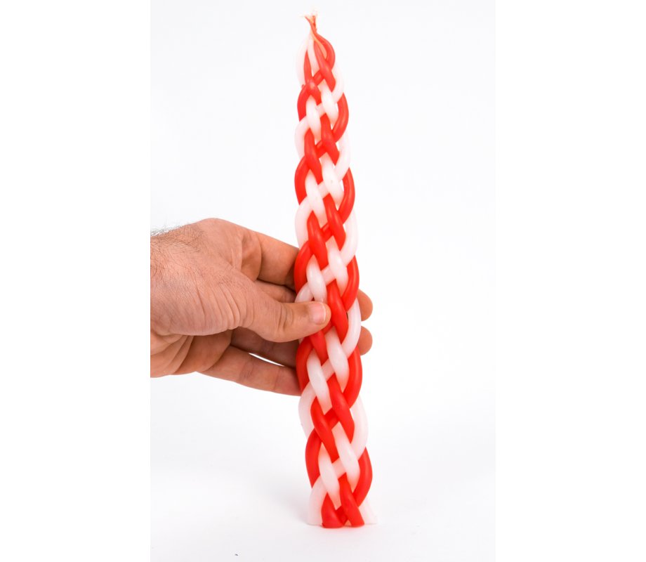 Red and White Handmade Braided Beeswax Havdalah Candle