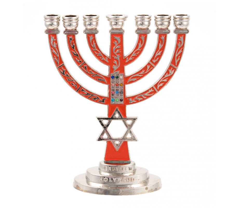 Red on Silver 7-Branch Menorah with Star of David and Breastplate – 5.2 Inches