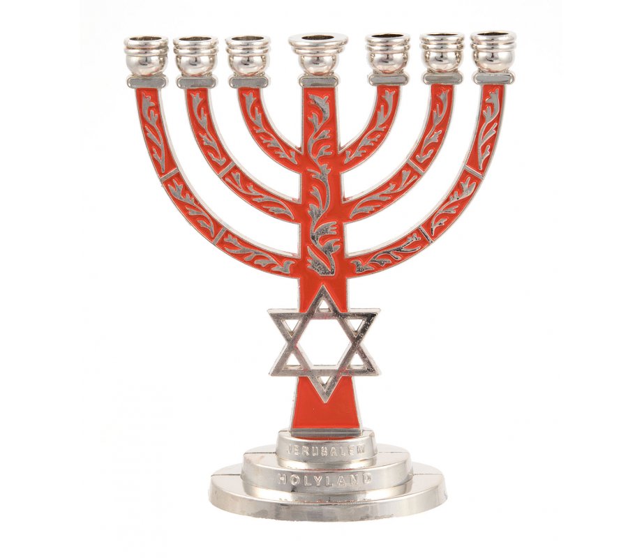 Red on Silver 7-Branch Menorah with Star of David and Breastplate – 5.2 Inches