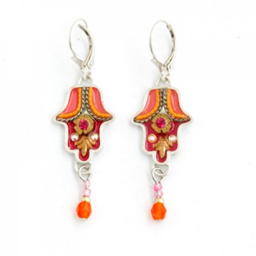 Red-Orange Hamsa Earrings with Matching Beads - Shahaf