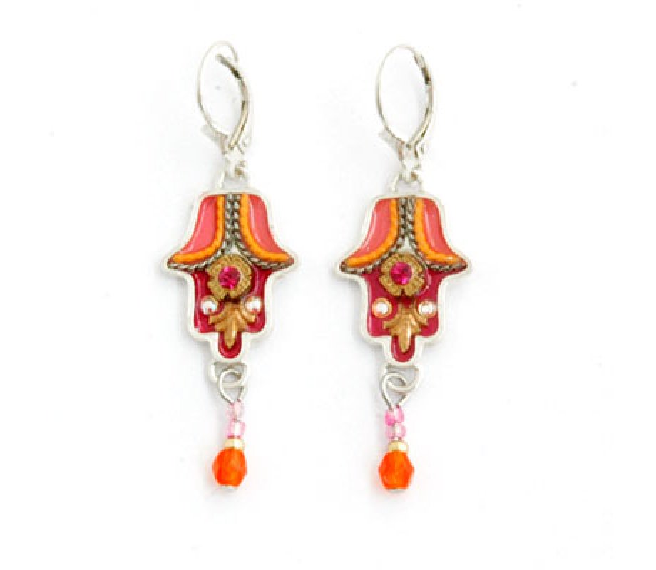 Red-Orange Hamsa Earrings with Matching Beads - Shahaf