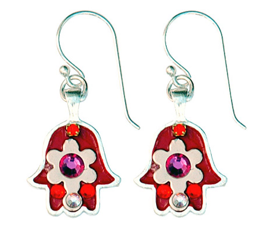 Red-pink Flower Hamsa Earrings - Ester Shahaf