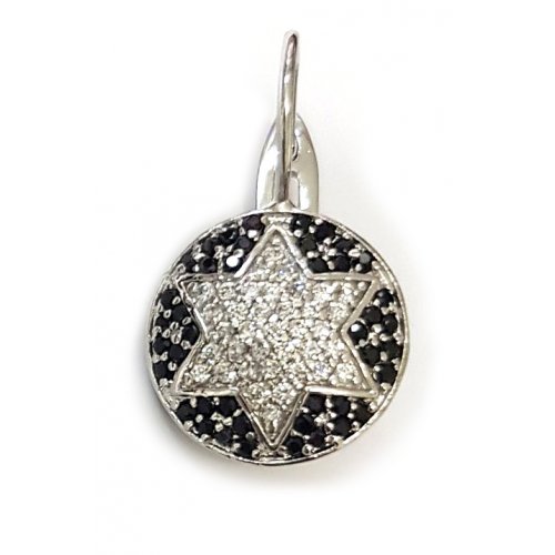 Rhodium Plated Star of David Lever Back Earrings - Black and White Stones