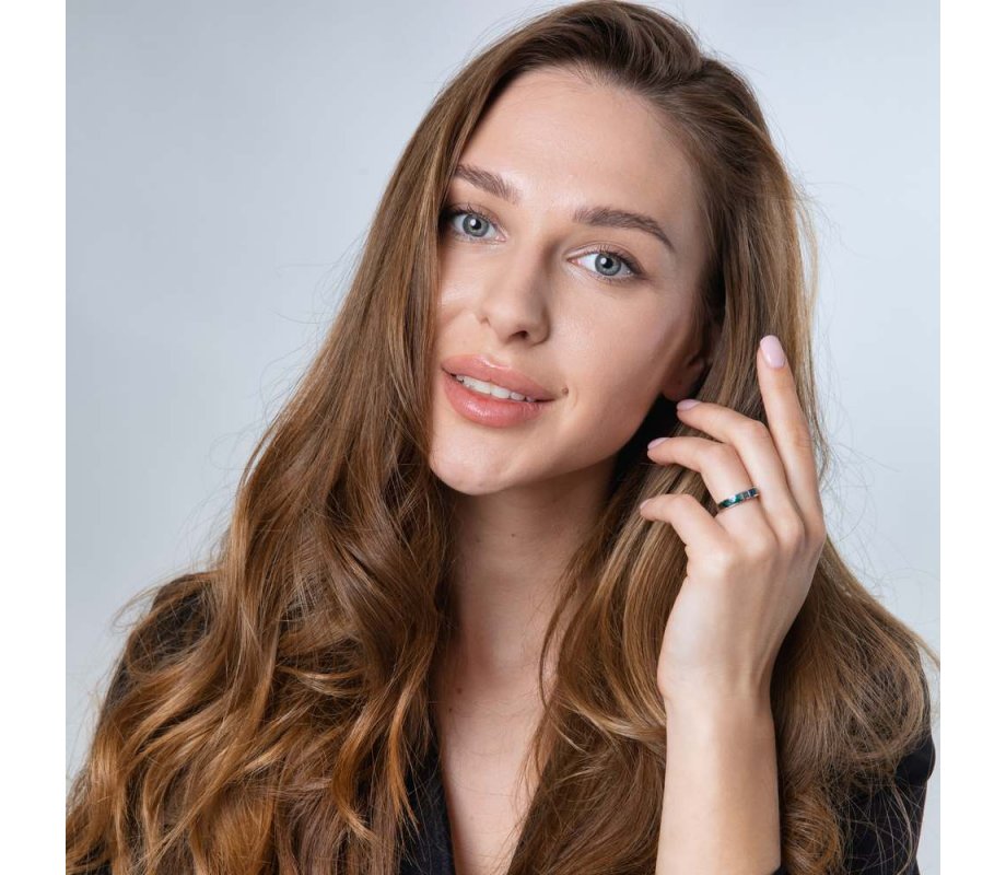 Ring of Sterling Silver with Green-Blue Eilat Stone and Diamond-Decorated Stripe