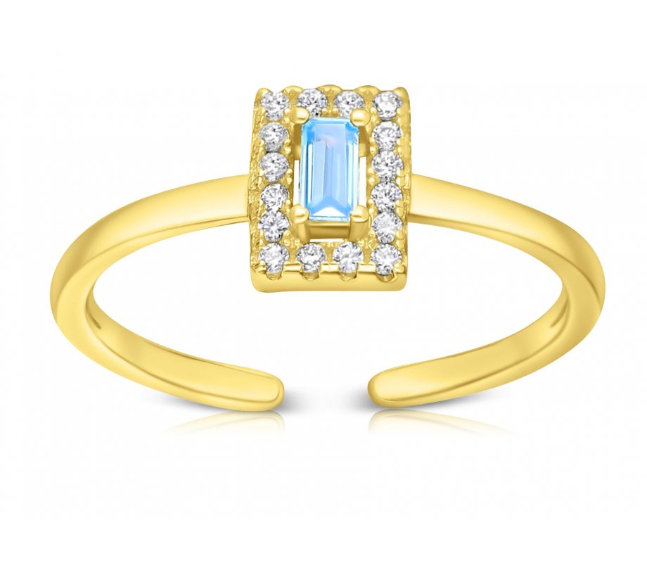 Ring of Yellow Gold Plated Sterling Silver, Small Zircons Frame Blue Zircon in Center