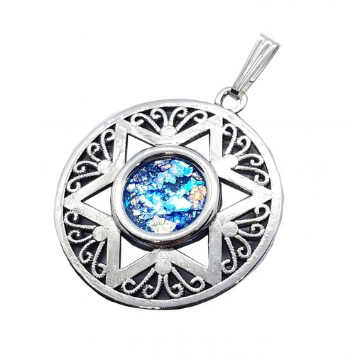 Roman Glass 925 Sterling Silver Necklace Filigree Star of David