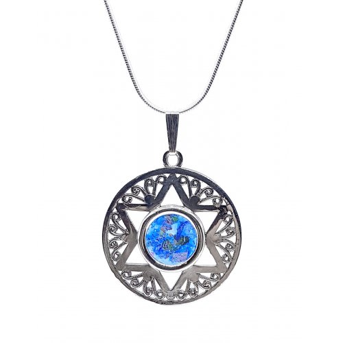 Roman Glass 925 Sterling Silver Necklace Filigree Star of David