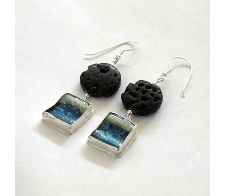 Roman Glass Dangle Earrings with Sterling Silver and Black Lava Beads – Michal Kirat