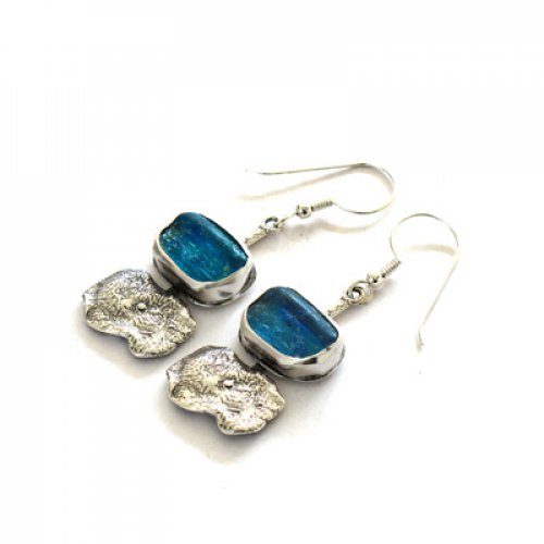 Roman Glass Drop Earrings with Textured Sterling Silver Drop Pendant - Michal Kirat