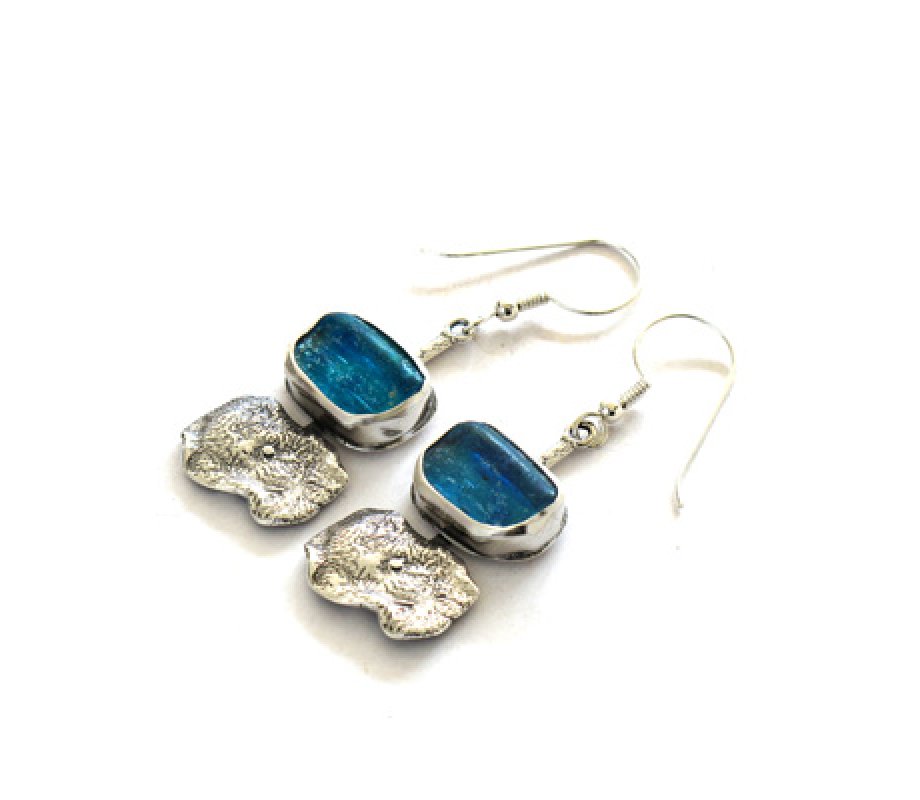 Roman Glass Drop Earrings with Textured Sterling Silver Drop Pendant - Michal Kirat