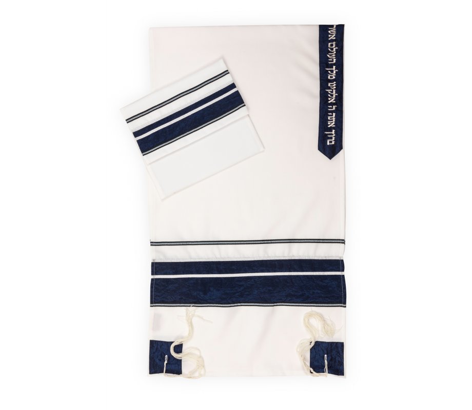 Ronit Gur Crinkled Blue Stripe and White Tallit Set