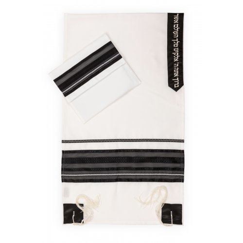 Ronit Gur White Tallit Set with Black Gauze Stripes