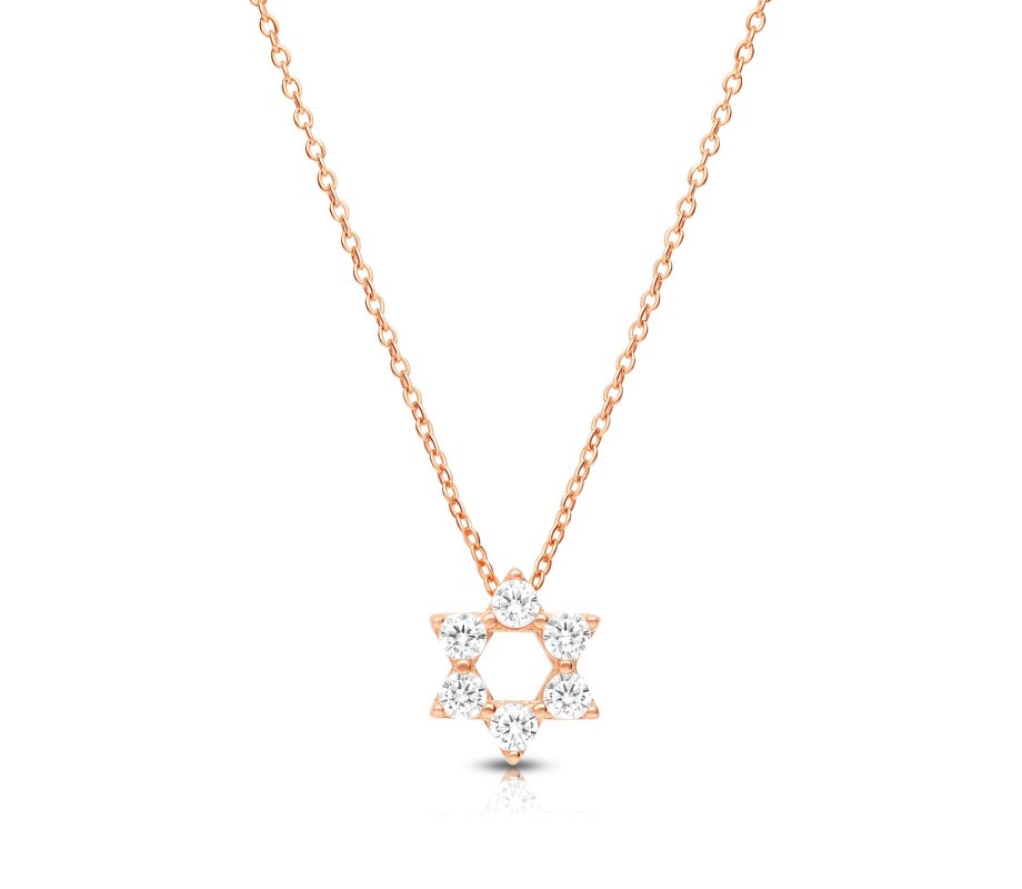 Rose Gold Plated Sterling Silver Necklace with Star of David Pendant and Zircons