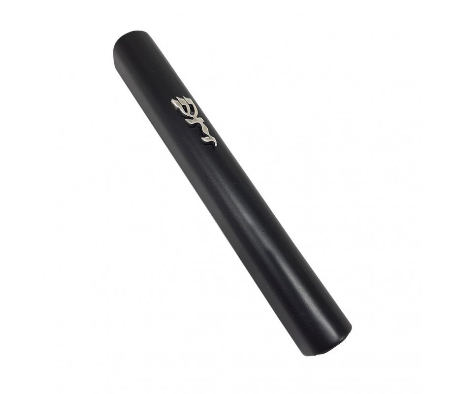 Rounded Mezuzah Case of Black Wood with Letters of Divine Name in Silver Pewter